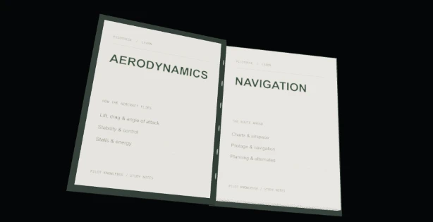 An open flight-study notebook showing aviation study topics.